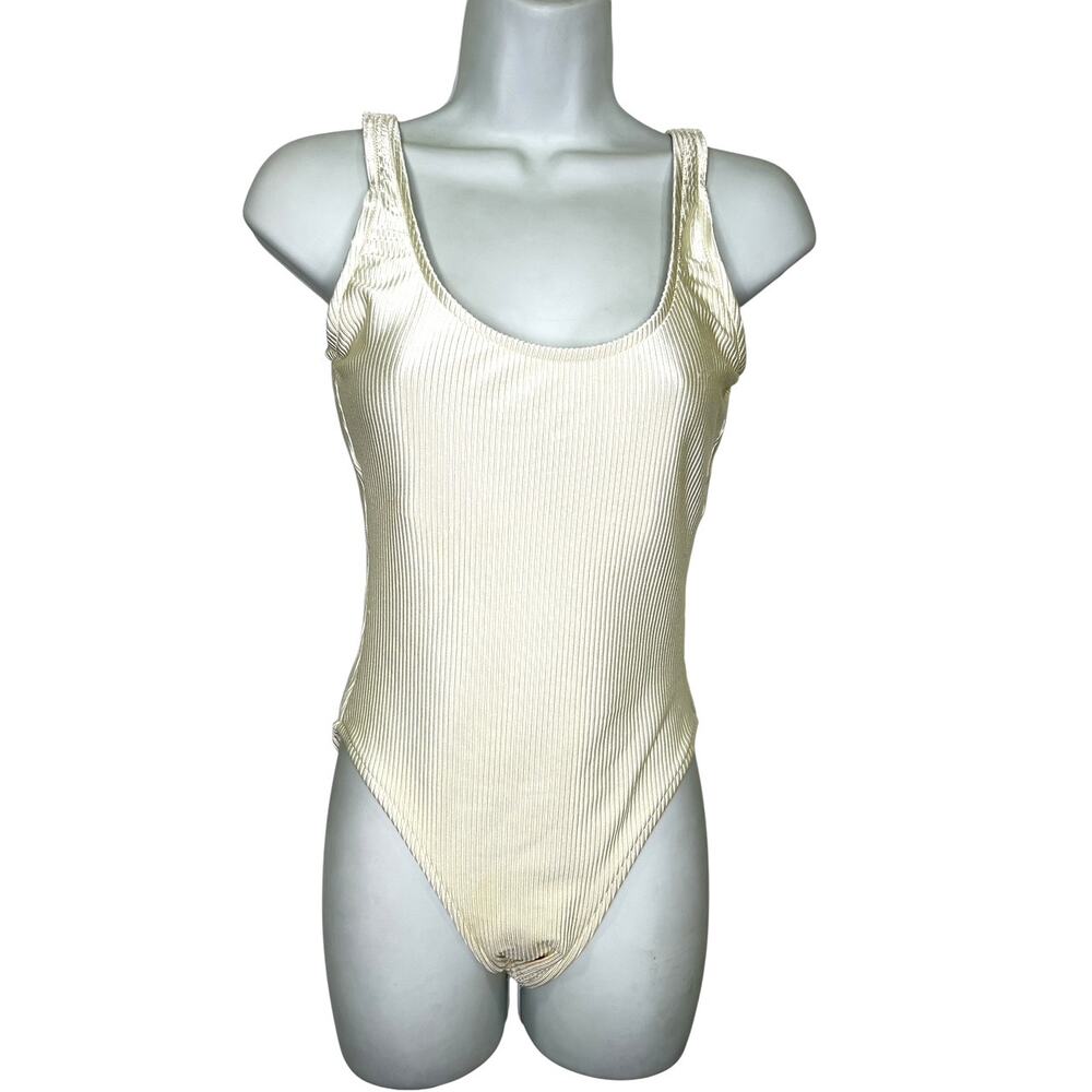 Jantzen VTG Cream Ribbed One Piece Swim Bathing Suit Size 12